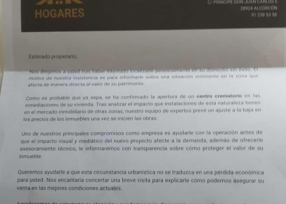 Esta inmobiliaria mete miedo a los vecinos de Ondarreta por el nuevo crematorio en Alcorcón: “tu vivienda puede perder valor, vende antes de que sea tarde…”